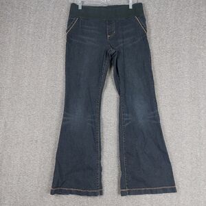 GAP MATERNITY WOMENS BLUE JEAN DARK WASH LOW BELLY BAND FLARE DENIM PANTS 10R